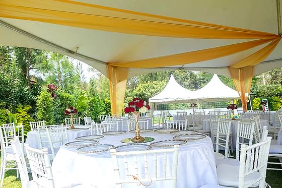 Marquee interior with gold and white ceiling draping above round tables and white chairs
