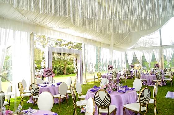 Reception under white ceiling draping with lilac table linen and gold-framed chairs