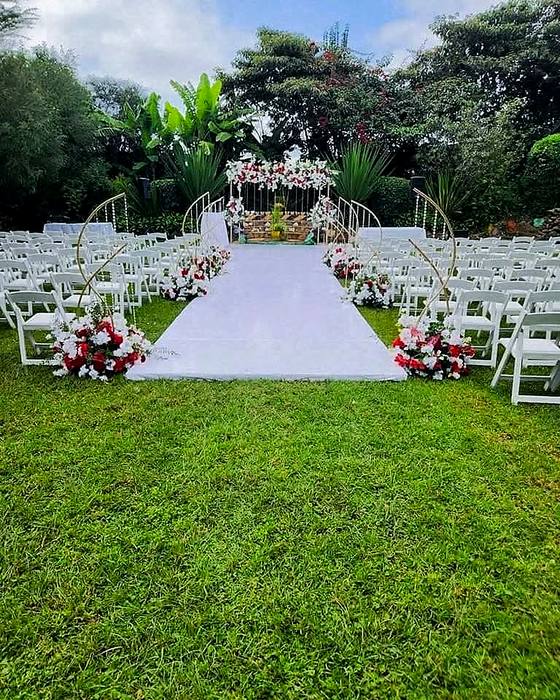 White aisle runner between rows of chairs leading to a floral arch backed by a tall garden hedge